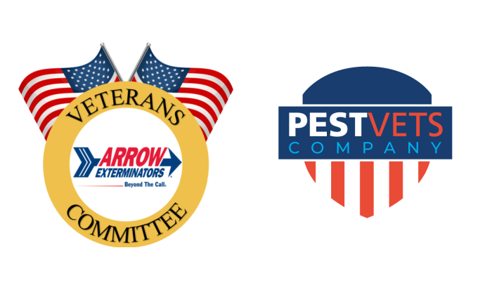 Arrow Exterminators Veterans Committee Logo and Pest Vets Company logo.
