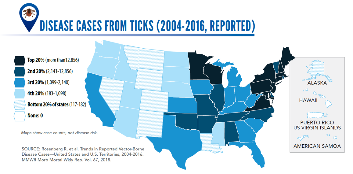 United States map of disease cases from ticks.